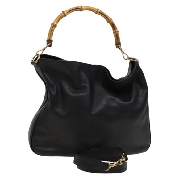 GUCCI Bamboo Hand Bag Leather 2way Black Gold - Picture 1 of 15